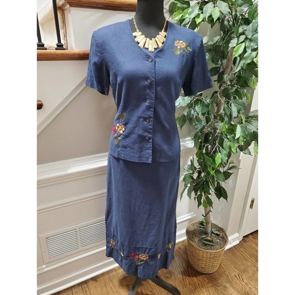 M.H.M Women Solid Blue Linen & Rayon Top Shirt & Maxi Dress 2 Piece Suit Size 10 - Picture 4 of 12